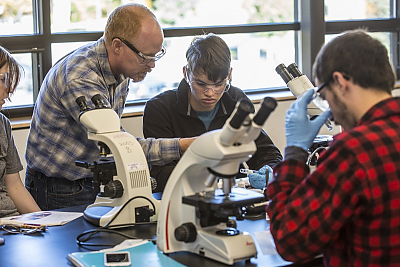 Professor and students use microscopes by window in science lab