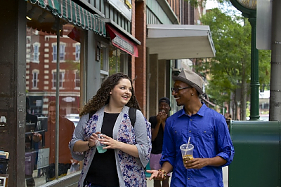 Rachel Brown and another student walking down the street in Brattleboro, Vermont