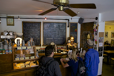 Landmark College students at counter of Brattleboro cafe